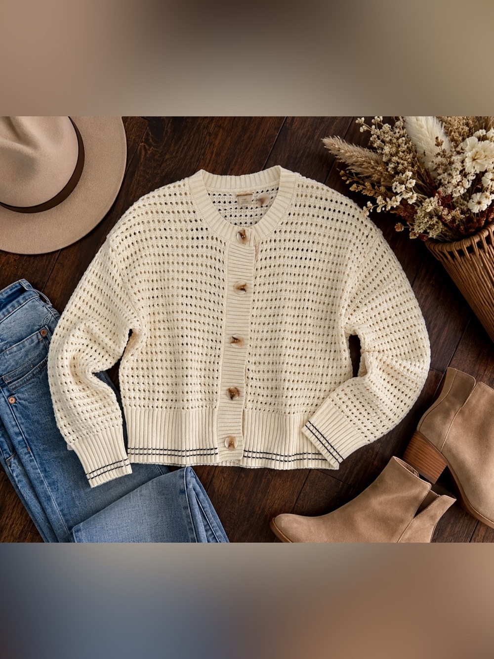 Magaschoni Cream Open Knit Cotton Cardigan Sweater L New